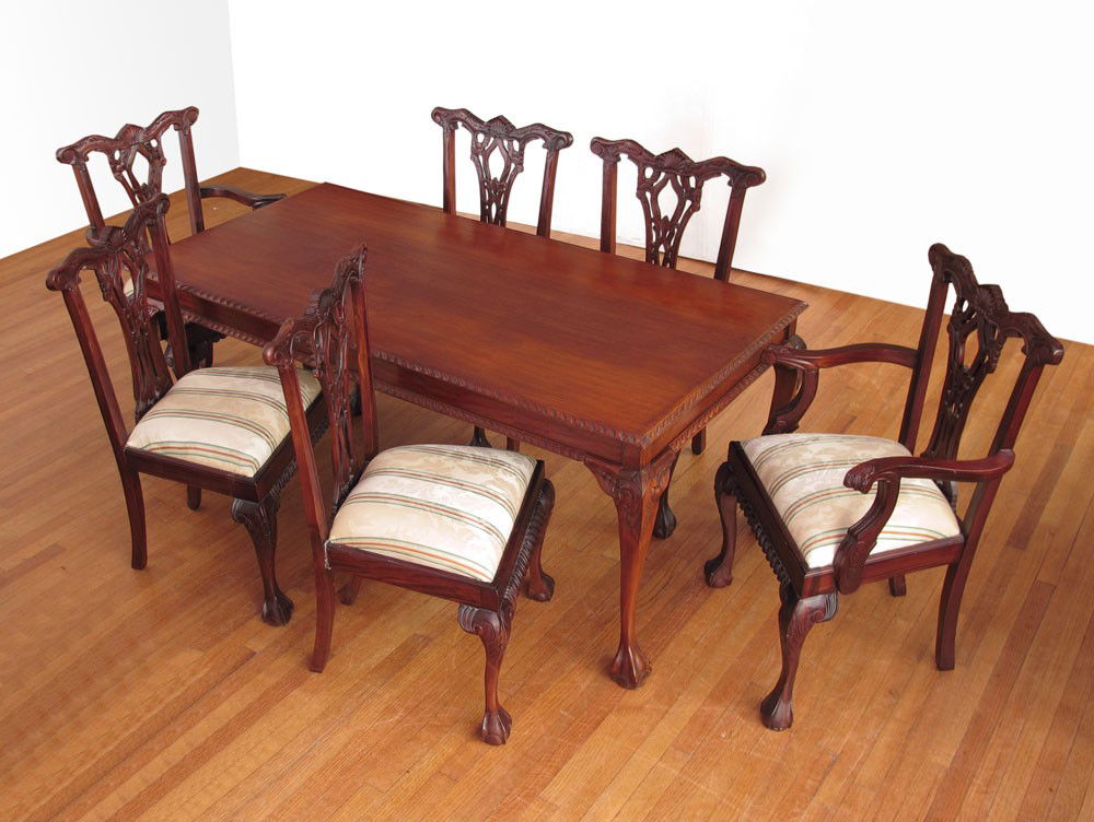 MAHOGANY DINING ROOM TABLE & CHAIRS: MAHOGANY DINING ROOM TABLE & CHAIRS: Chippendale style table with carved trim, legs and ball and claw feet. Table measures 29" h. x 72" x 36". 6 Chippendale style chairs, 2 captains and 4 sides. Capta