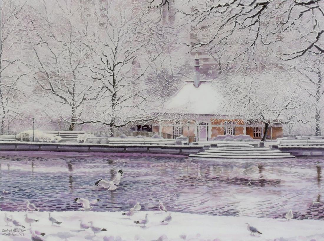 MICHAEL LEU SNOW COVERED CENTRAL PARK PAINTING: LEU, Michael. (American, 20th/21st Century): ''Central Park, NYC'', Scene Depicts Snow Covered Central Park Landscape with Pond and Pigeons, Watercolor, sight size 21.5'' x 29'', signed lower left and