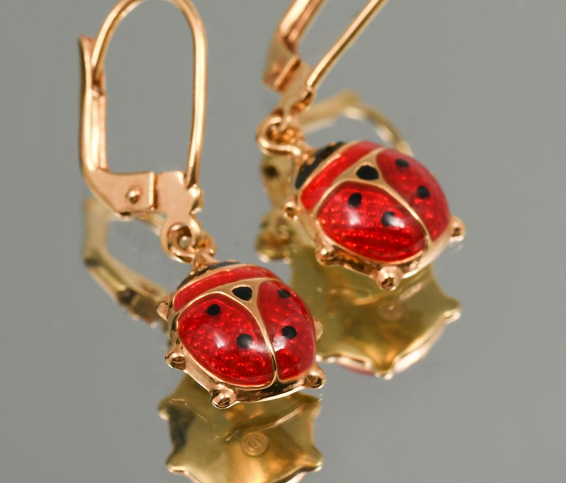 14K ENAMELED LADE BUG DANGLE EARRINGS (1 of 4)