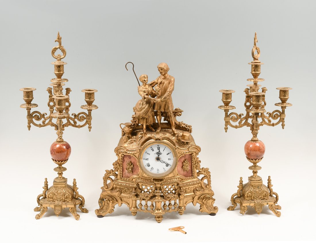 ITALIAN LANCINI GILT BRASS & MARBLE MANTEL CLOCK GARNITURE (1 of 9)