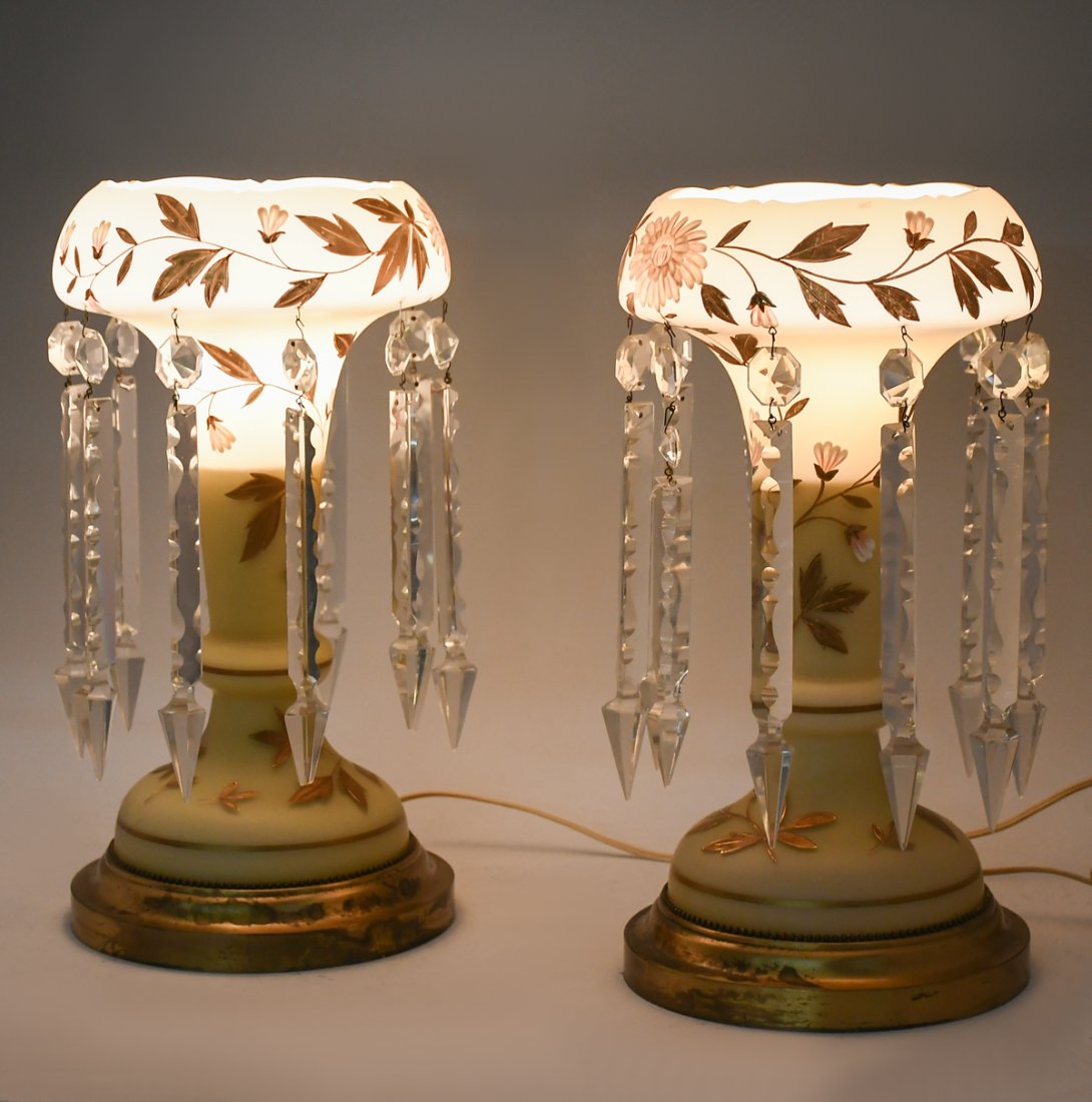 PAIR OF VICTORIAN ENAMELED LUSTRES WITH PRISMS (1 of 6)
