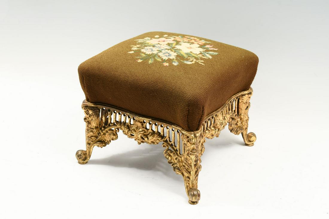 GILT BRONZE VICTORIAN NEEDLEPOINT FOOTSTOOL (1 of 7)