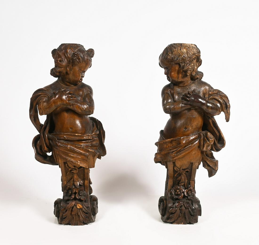 CARVED WOODEN ARCHITECTURAL PILASTER SUPPORTS OF CHILDREN: CARVED WOODEN ARCHITECTURAL PILASTER SUPPORTS OF CHILDREN: Carved Horner Era opposing children Pilaster Supports. Approx. 30" h x 12.5" w x 6.5" d.