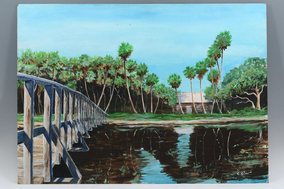 ELEANOR BLAIR FLORIDA PAINTING: BLAIR, Eleanor, (American, 20th Century): Florida Scene with Bridge, Palms, and Outbuilding, Oil/Masonite, 26" x 36", signed lower right, unframed.
