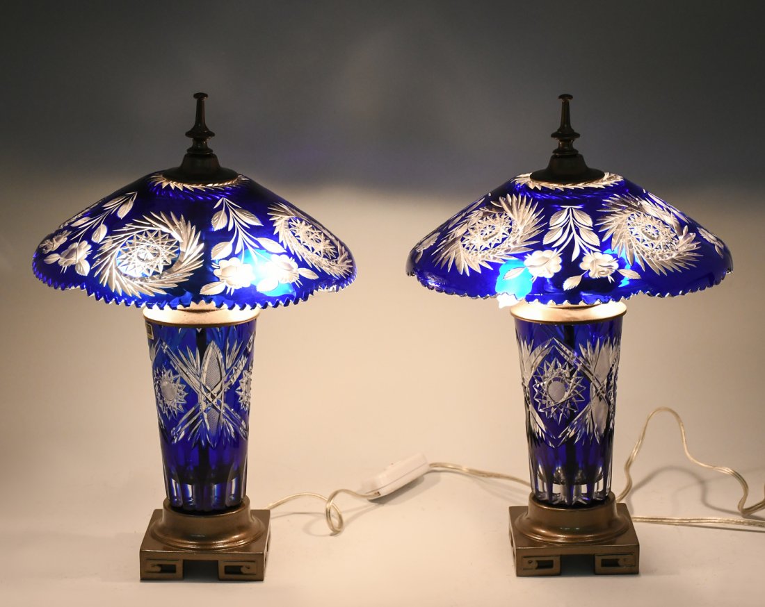 PAIR COBALT CUT TO CLEAR GLASS LAMPS (1 of 6)