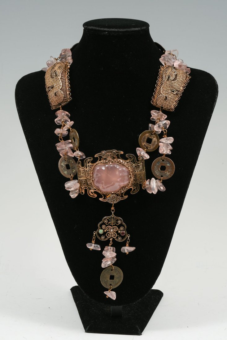 VERMEIL OVER STERLING ROSE QUARTZ FILIGREE NECKLACE (1 of 6)