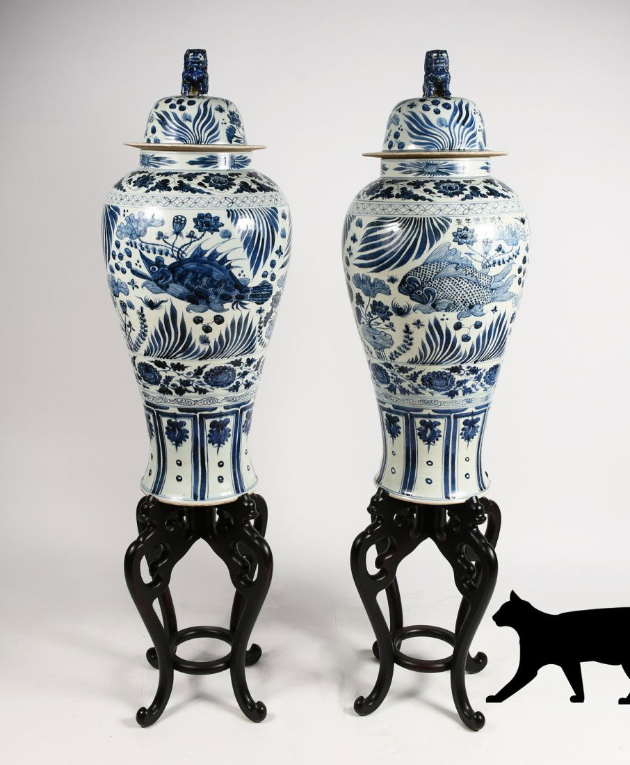 PAIR LARGE CHINESE BLUE & WHITE TEMPLE JARS ON STANDS (1 of 5)