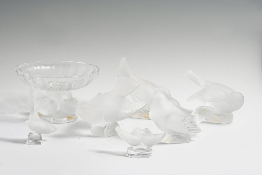 7 PC. BIRD MOTIF LALIQUE GLASS FIGURES & TRINKET DISH (1 of 7)