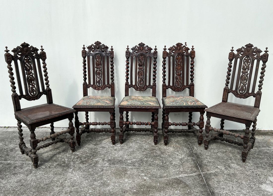 5 EARLY CARVED BARLEY TWIST DINING CHAIRS (1 of 8)