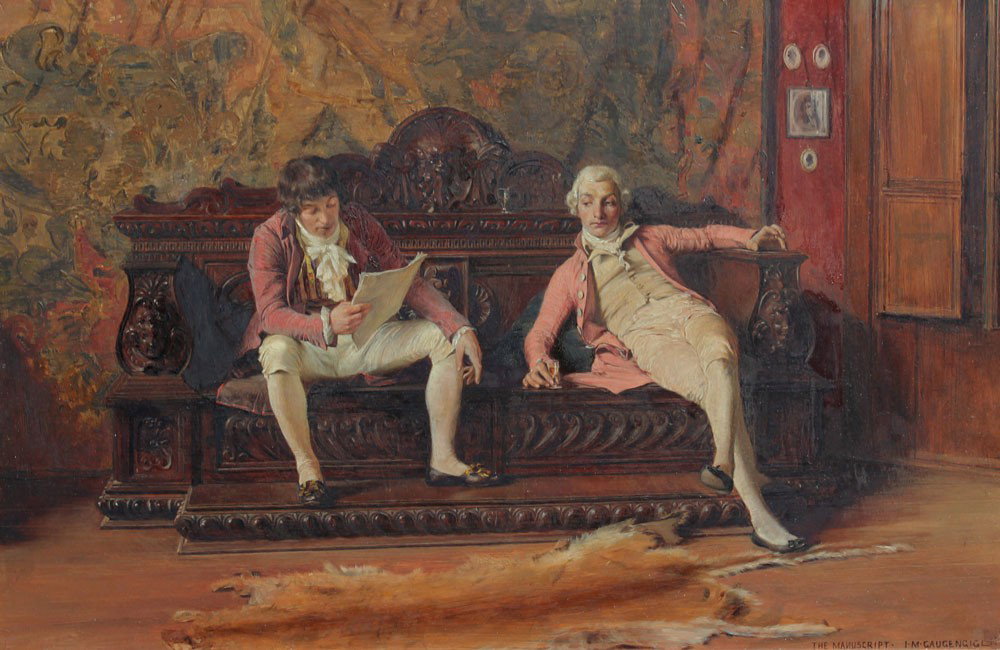 FINE I.M. GAUGENGIGL GENRE PAINTING: GAUGENGIGL, Ignaz Marcel Joseph, (American, 1855-1932): ''The Manuscript'', 2 well to do gentlemen sitting on a heavily carved settee, reviewing a document, Oil/Panel, 7 3/4'' x 12'', signed and title