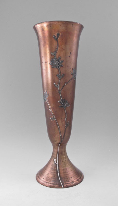 HEINTZ ART METAL VASE 15" TALL: HEINTZ SILVER OVERLAY ART METAL VASE: Heintz Art Metal Shop sterling on bronze floral design, trumpet form vase. Impressed backstamp, number 3722. 15'' tall, 5'' dia. at the base.