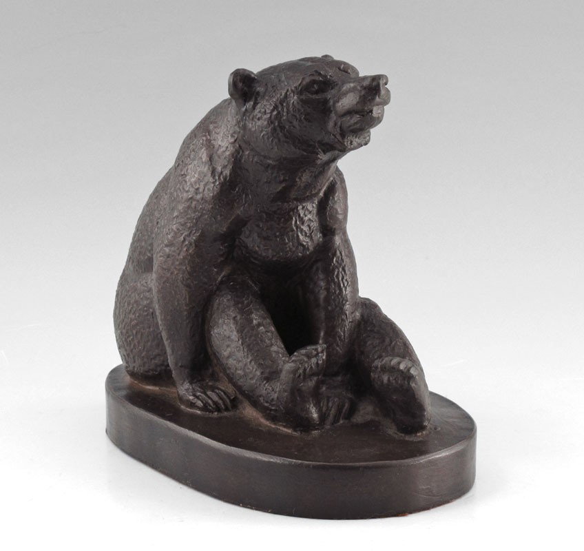 WEEMS TERRACOTTA BEAR SCULPTURE: WEEMS, Katharine Ward Lane, (American, 1899-1989): Seated Bear, Painted Terra Cotta, 6 3/4" h x 7 1/4" w, incised signature to the base, dated 1971.
