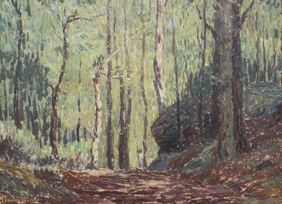 LEONARD OCHTMAN FOREST PAINTING: OCHTMAN, Leonard, (American, 1854-1934): Figures Traveling Along a Wooded Path, Oil/Wood Panel, 12'' x 16'', signed lower left, later gilded frame, 15'' x 19''.