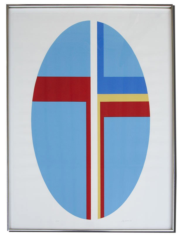 BOLOTOWSKY SIGNED GEOMETRIC SERIGRAPH: BOLOTOWSKY, Ilya, (American, 1907-1984): Geometric Shapes Within a Blue Ellipse, Serigraph, 40'' x 29 1/4'', pencil signed and numbered 49/135, framed, 42'' x 31 1/2''.