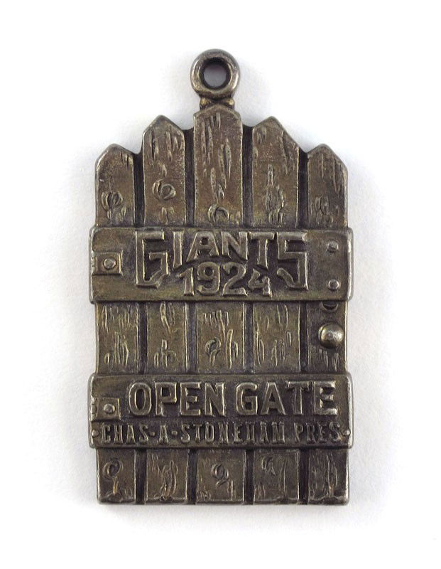 1924 NEW YORK GIANTS BASEBALL STERLING GATE PASS: RARE 1924 NEW YORK GIANTS BASEBALL STERLING GATE PASS: Sterling silver gate pass for the 1924 season of the New York Giants. Inscribed 55 Warner F. Russell on back for pass number and owners name. Mar