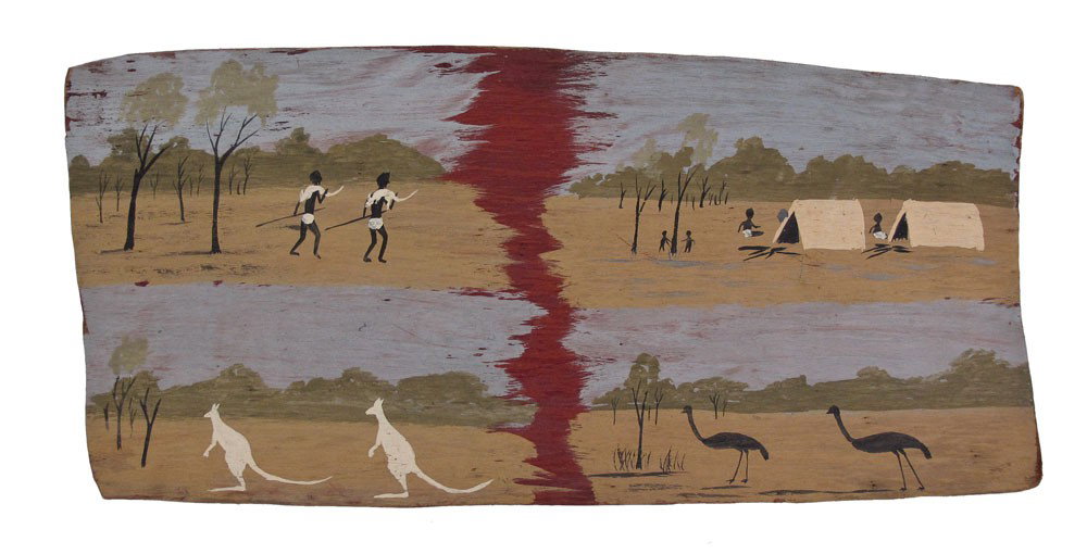 SIMON NGUMBU ABORIGINAL PAINTING PORT KEATS: NGUNBE, Simon, (Aboriginal Australian, 1938-): ""Whirlwind Approaching", scene of figures with kangaroo's and emu's, Pigment on Tree Bark. Signed verso with Catholic Mission, Port Keats N.T. card affi