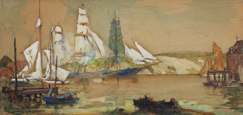 WILLIAM JAMES AYLWARD HARBOR PAINTING: AYLWARD, William James, (American, 1875-1958): Dockside Nautical Scene, Watercolor/Gouache on paper, sight size 8 1/4" x 16 3/4", signed and dedicated to Charles A Roberts lower left, framed, 15 1/4"