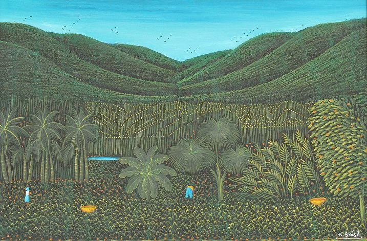 HENRI-ROBERT BRESIL HAITIAN PAINTING: BRESIL, Henri-Robert, (Haitian, 1952-1999): Workers in the Field, a Haitian Landscape, Oil/Canvas, 24" x 36", signed lower right, framed, 36" x 42".