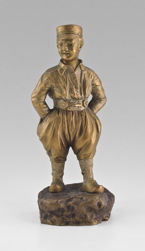 CLAIRE JEANNE COLINET DUTCH MAN BRONZE: COLINET, Claire Jeanne, (French, 1880-1950): Young Dutch Man, Bronze, 8'' h, incised signature, stamped foundry mark.