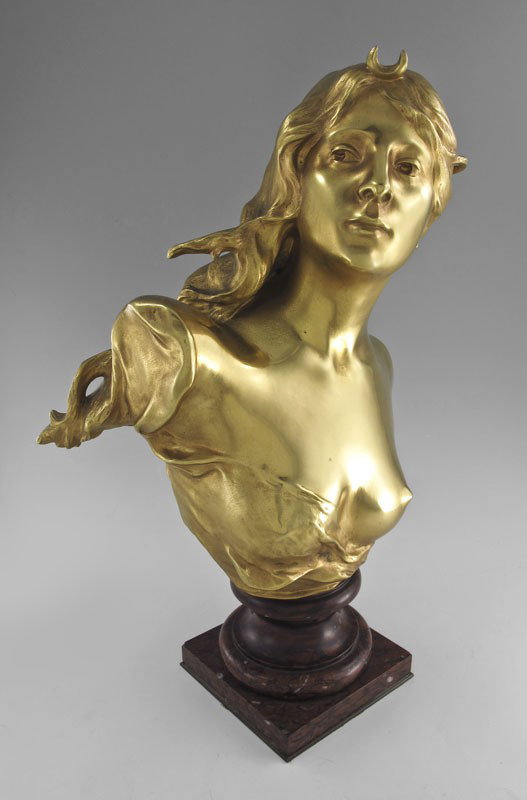 PAUL GASQ DIANA NOUVEAU BRONZE: GASQ, Paul, (French, 1860-1944): Bust of Diana in the Nouveau style, Dore Bronze, 14" h, incised signature, affixed to pigeon blood red marble plinth (plinth does have several chips), overall size is 