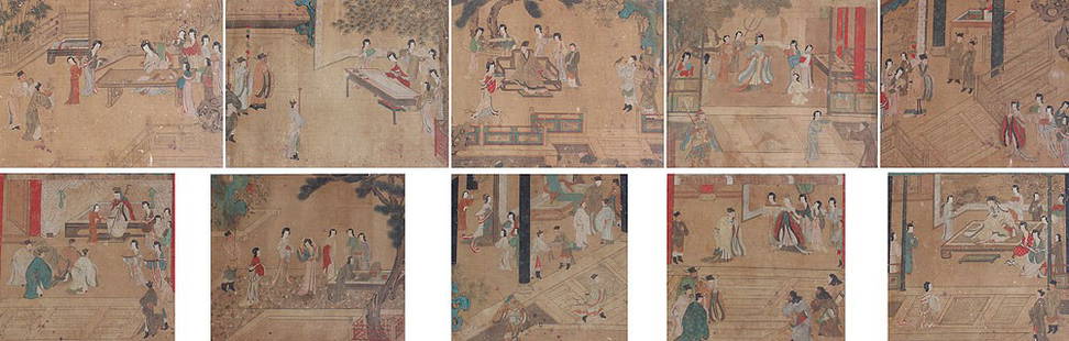 10 EARLY CHINESE PAINTINGS: 10 EARLY CHINESE PAINTINGS: Depicting scenes of everyday life, Watercolors on Silk Mounted to a Backing Paper, image sizes 11'' x 12 1/4'', all encased in matching contemporary frames, 18'' x 20 3/4''