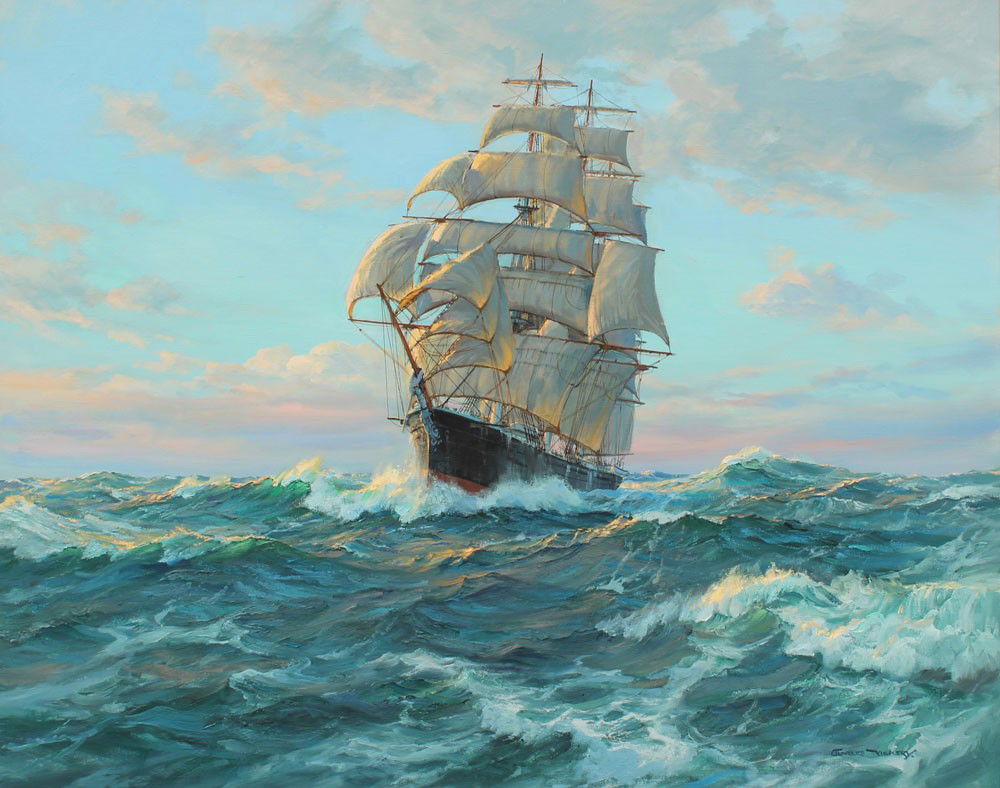 CHARLES VICKERY CLIPPER SHIP PAINTING: VICKERY, Charles, (American, 1913-1998): "Sea Witch", Clipper Ship at Full Sail, Oil/Canvas, 40" x 50", signed lower right, encased in gilded frame, 48" x 58", purchased directly from Vickery, painted