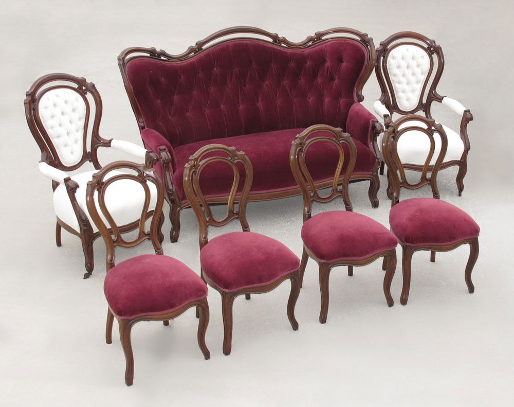 7 PC VICTORIAN PARLOR SUITE: 7 PIECE VICTORIAN PARLOR SUITE: High back sofa 45 1/4" h. x 71 1/2" x 34 1/4", 4 side chairs 37 1/4" h. x 16 1/2" x 23", and 2 open arm chairs 41 3/4" x 25 3/4" x 30".