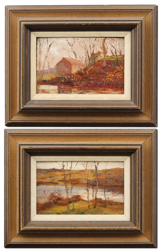 PAIR OF THEODORE COE LANDSCAPE PAINTINGS: COE, Theodore, (American, 18865-?): Pair of River Landscapes, Oils/Board, 5 3/4'' x 9'', Trend House Galleries labels affixed verso, no visible signature, framed, 10'' x 16''. Not viewed out of the fr