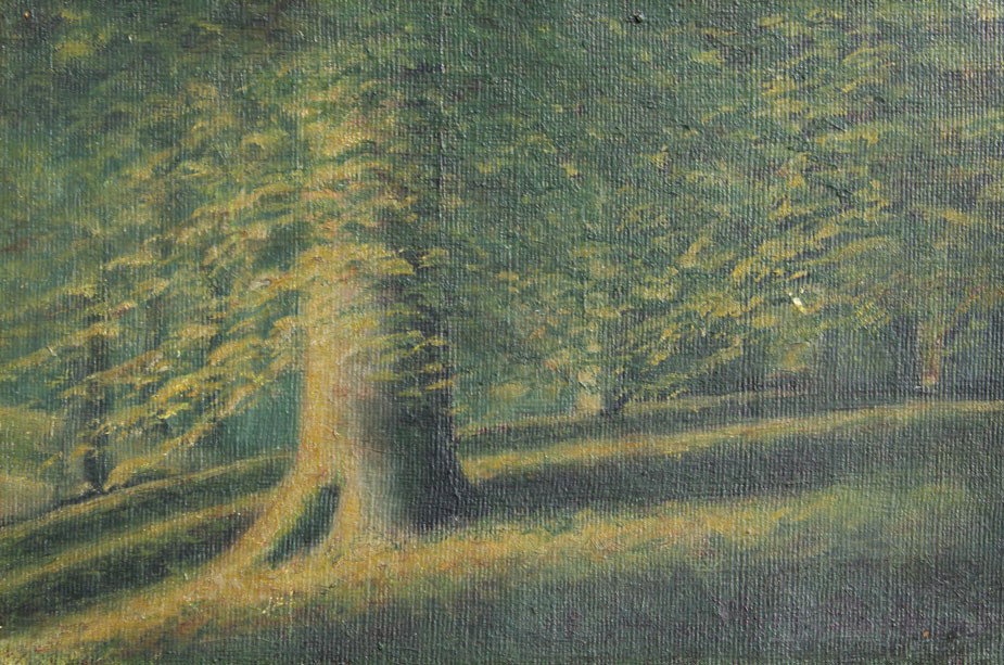 MYRA SANDERS KENTUCKY FOREST PAINTING: SANDERS, Myra, (American, 20th C.): Kentucky Birch Forest, Oil/Canvas Mounted on Board, 6 1/4" x 9 1/4", wooden frame with wear, 9 1/2" x 12 1/2".