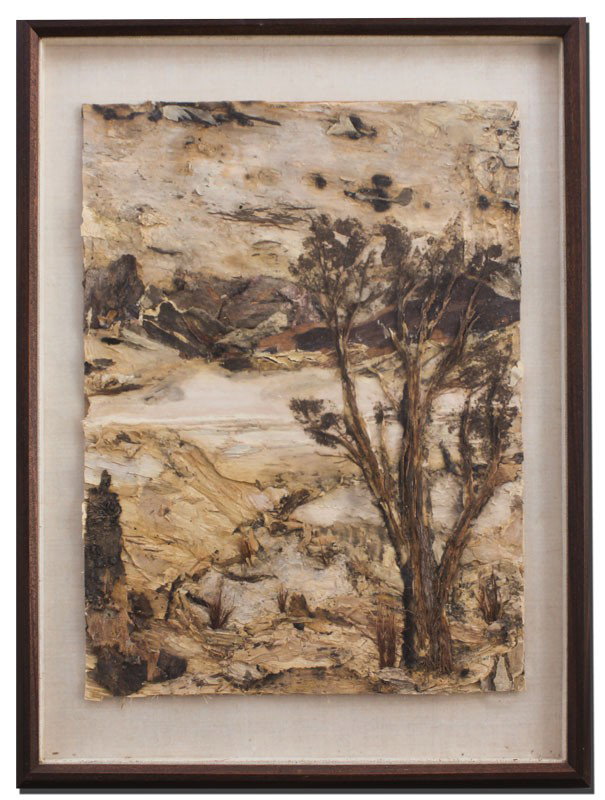 ENID LINDOP ABORIGINAL MIXED MEDIA AUSTRALIAN OUTB: LINDOP, Enid, (Aboriginal Australian): Scene of Australian outback, Mixed Media featuring natural tree bark and lichens. Signed front, label affixed verso. Sight size 15 1/2" x 12", framed under glass