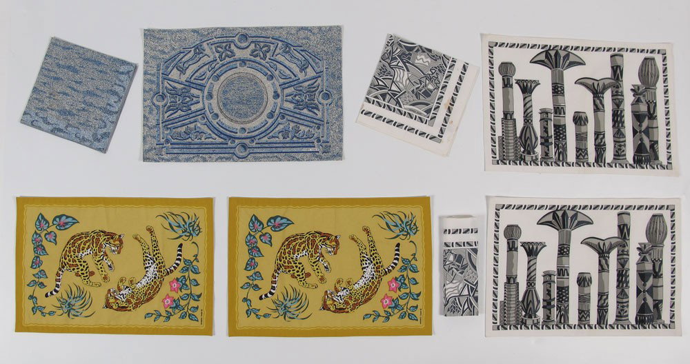 5 HERMES PLACEMATS Leopard, Mosaic, and Totem : 5 HERMES PLACEMATS: Two in a leopard print, 2 in a totem design and one in a blue mosaic pattern. Made in France of 100 percent cotton. 18 3/4" x 12 1/2". Hermes cloth labels on each. Sold with 3 napk