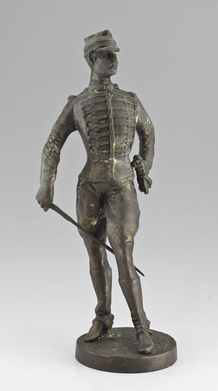 BRONZE FRENCH SOLDIER STATUE: BRONZE FRENCH SOLDIER STATUE: Model of a French soldier with swagger stick. Unsigned. 14" h.