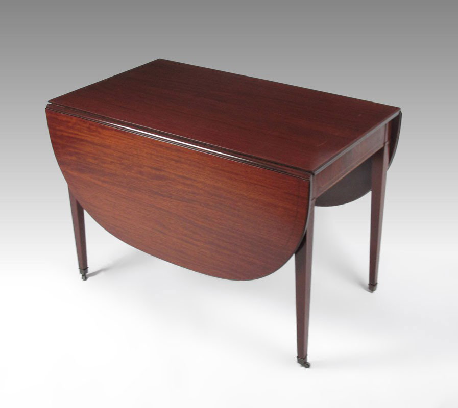 STRING INLAY SHERATON STYLE DROP-LEAF TABLE: STRING INLAY SHERATON STYLE DROP-LEAF TABLE: Watertown slide expansion, 2 leaves. 29 1/2" h. x 42 1/2" x 24". Leaves measure 11 1/2", 83 1/4" l. overall fully extended.