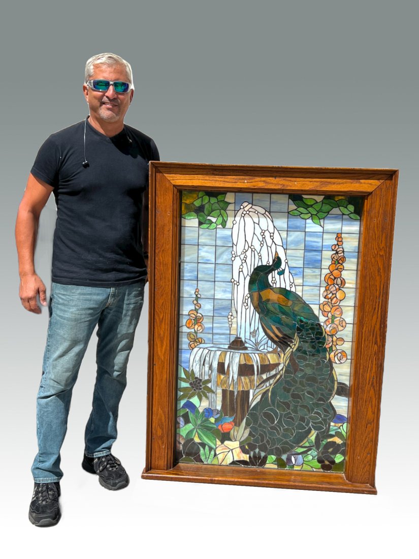 LARGE LEADED GLASS PEACOCK MOTIF WINDOW IN FRAME (1 of 5)