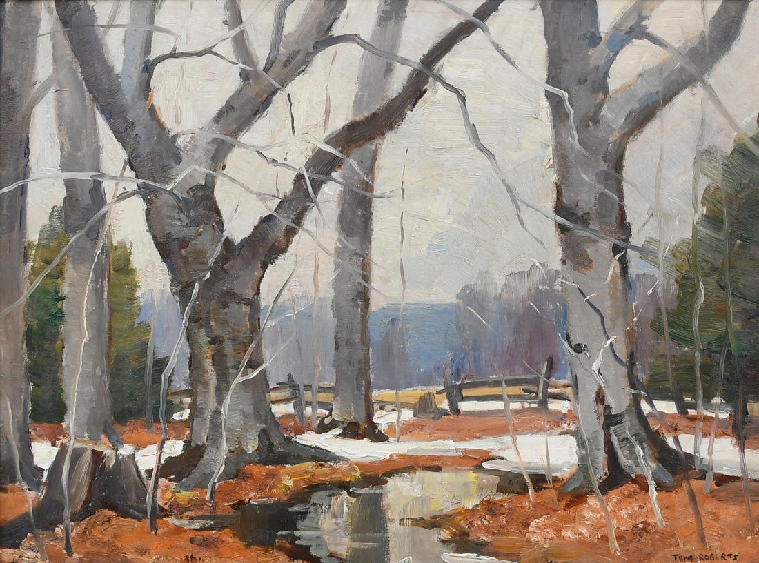 TOM ROBERTS "EARLY APRIL" PAINTING: ROBERTS, Tom, (Canadian, 1909-1998): "Early April", Oil/Masonite, signed lower right, Tom Roberts Gallery label verso, original carved and gilded frame, 19" x 23.5".