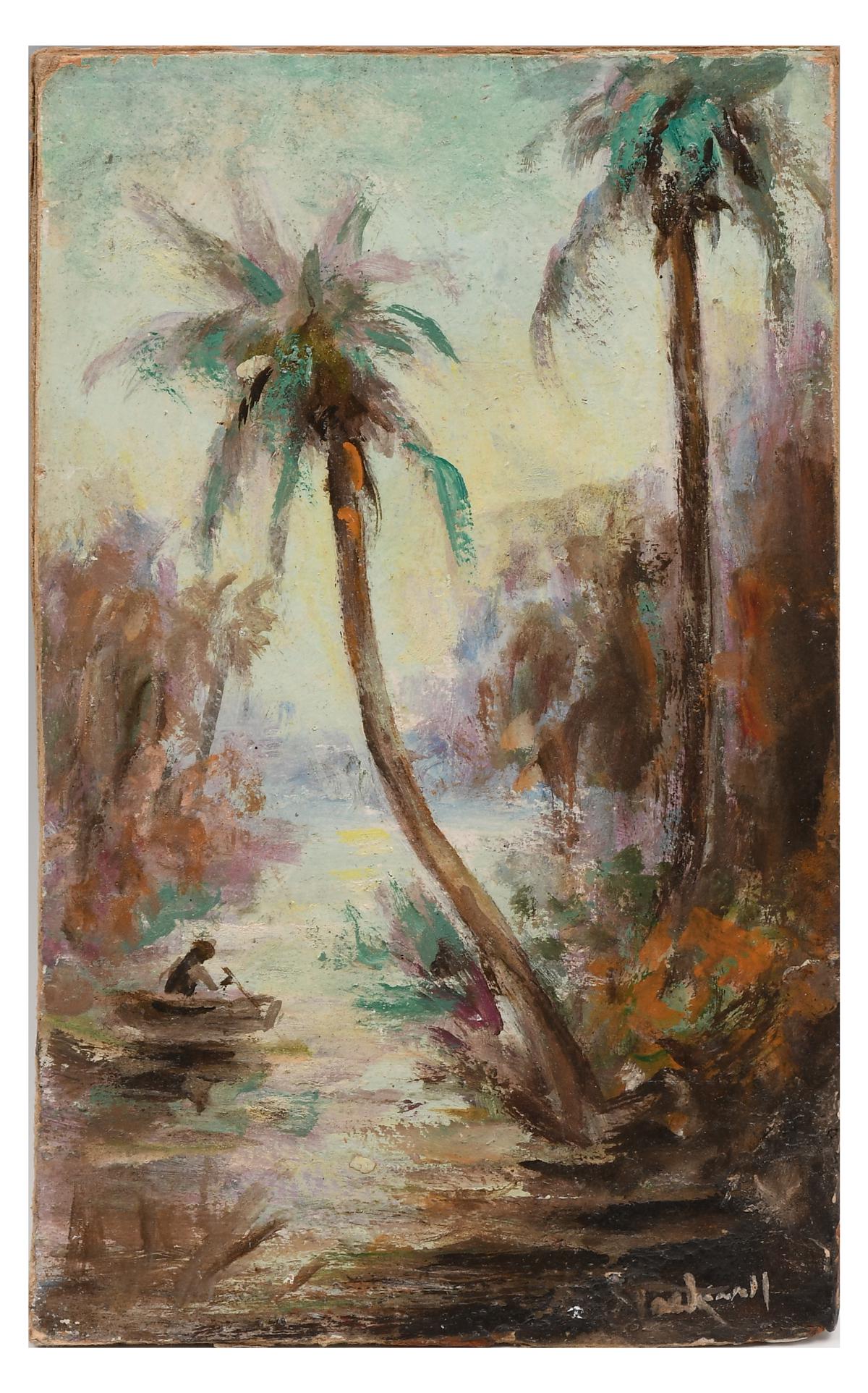 CATHERINE STOCKWELL FLORIDA BACKWATER PAINTING: STOCKWELL, Catherine Haynes, (American, 1895-1983): Backwater Scene with Figure in Boat, Oil/Board, 10.5" x 6.375", signed lower right, unframed.