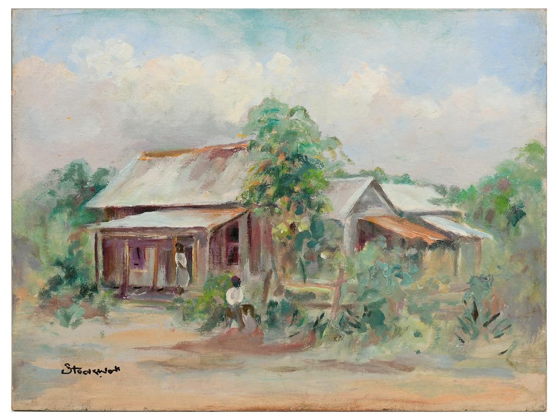CATHERINE STOCKWELL CABIN PAINTING: STOCKWELL, Catherine Haynes, (American, 1895-1983): Florida Landscape with Cabin and Figure, Oil/Canvasboard, 12" x 16", signed lower left, unframed.