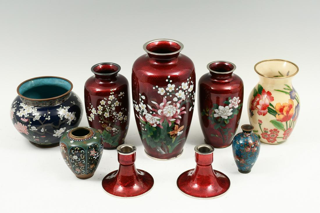9 PC. JAPANESE CLOISONNE VASES & CANDLESTICKS (1 of 5)