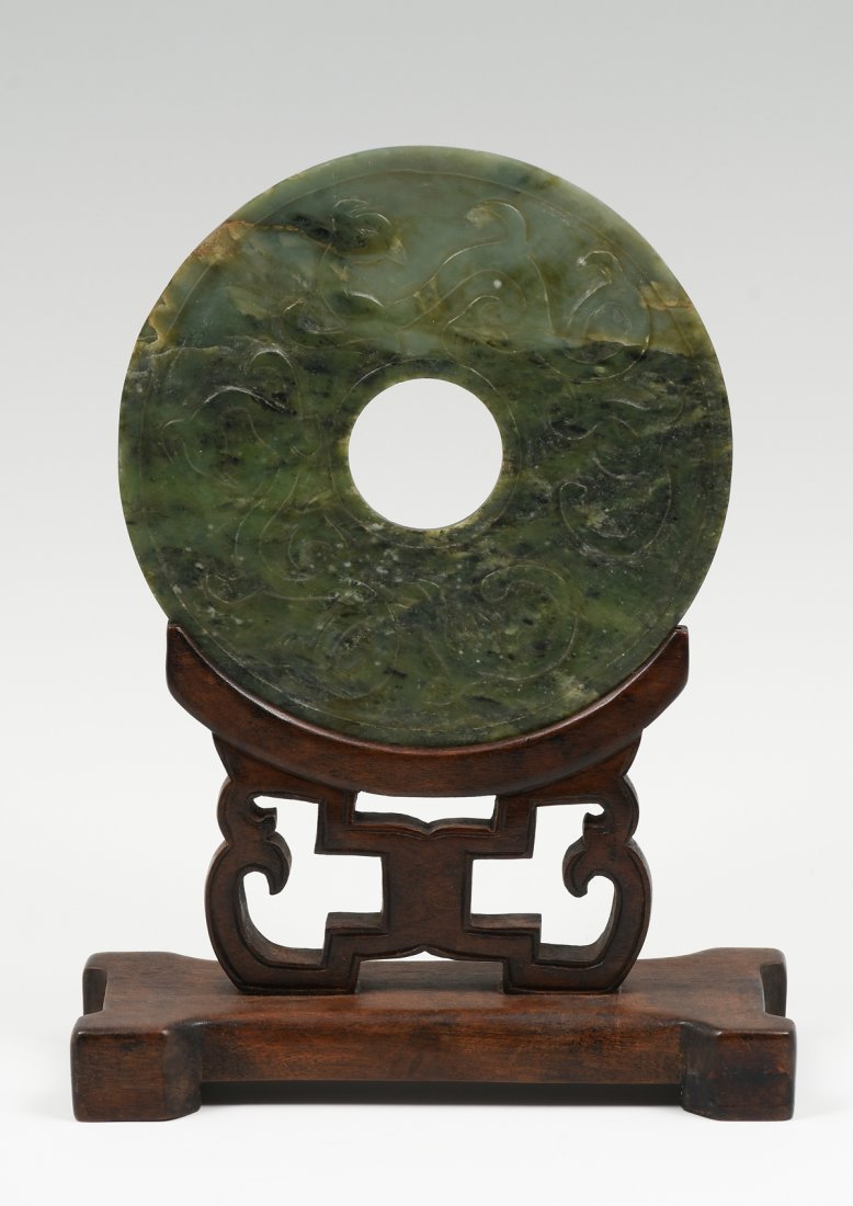CARVED CHINESE JADE BI WITH STAND (1 of 6)
