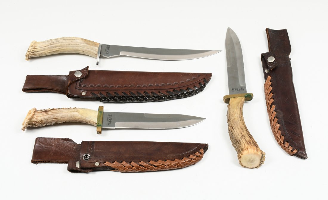 THREE SILVER STAG HORN HANDLE HUNTING KNIVES (1 of 3)