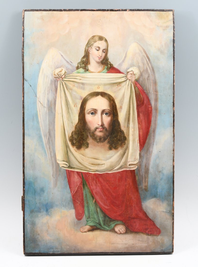 GOOD PAINTED ICON OF CHRIST TAPESTRY WITH ARCHANGEL: GOOD PAINTED ICON OF CHRIST TAPESTRY WITH ARCHANGEL: Oil/Cradled panel, 28" h x 17.25" w, unframed, dates ranging from early 20th century to late 19th century.