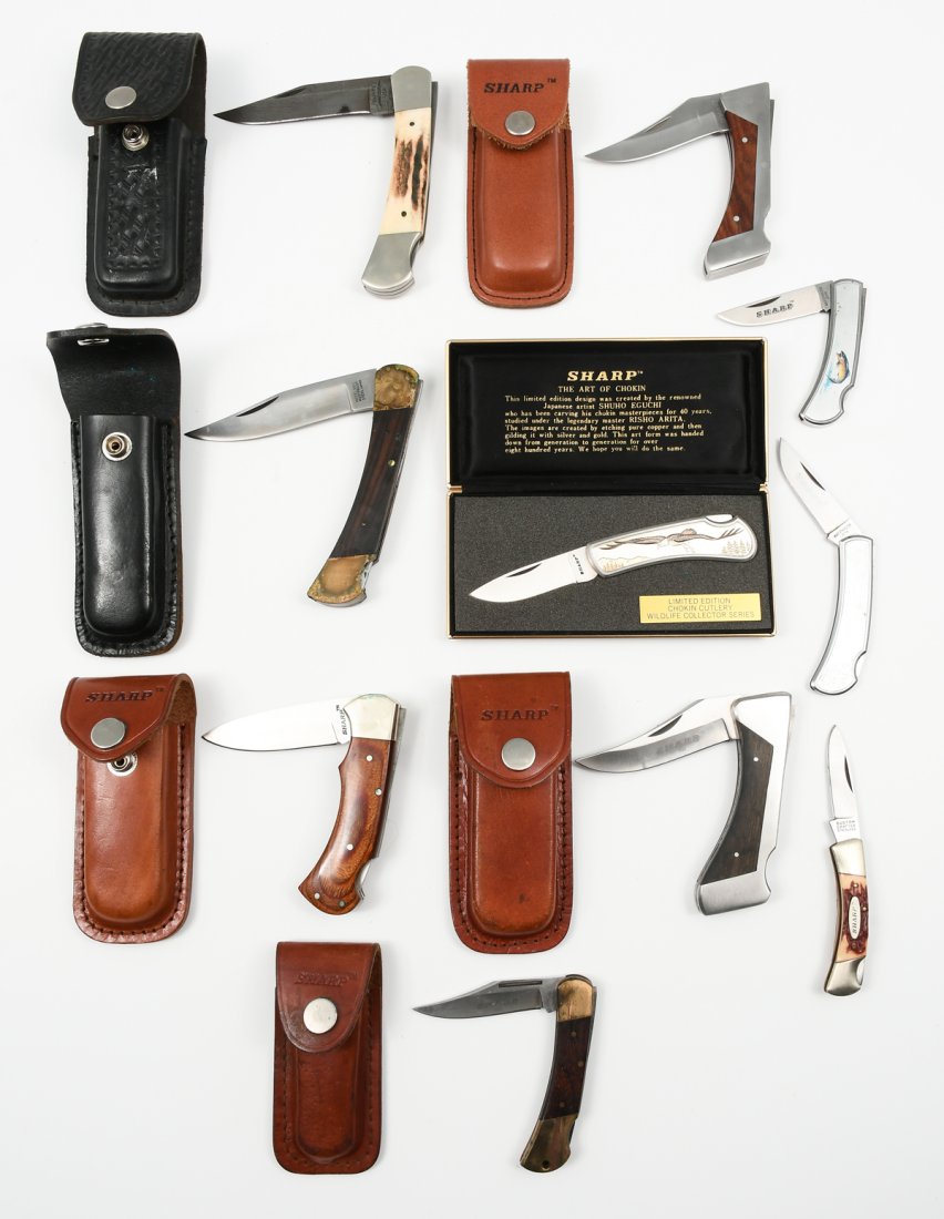 10PC. COLLECTABLE FOLDING KNIFE LOT: 10PC. COLLECTABLE FOLDING KNIFE LOT: 1) Eight Sharp folding lockblade knives with Sharp buckle sheathes; 2) Chokin Cutlery Wildlife Collector's Series knife with flying bald eagle design created by Ja