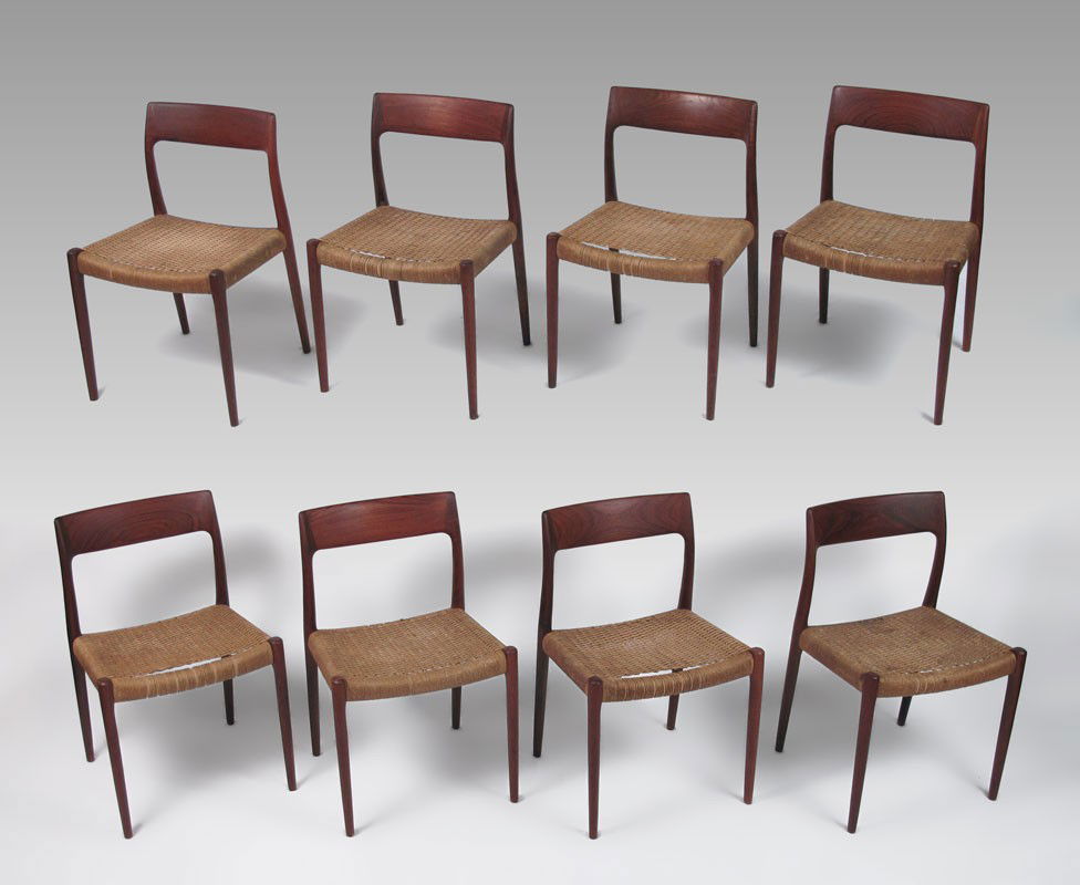 J.L. MOLLER SET OF 8 DANISH MODERN DINING CHAIRS: SET OF 8 J.L. MOLLER DANISH MODERN DINING CHAIRS: Sculpted backs, woven papercord seats. Approx. 30 1/2'' x 16'' x 19 1/2''.