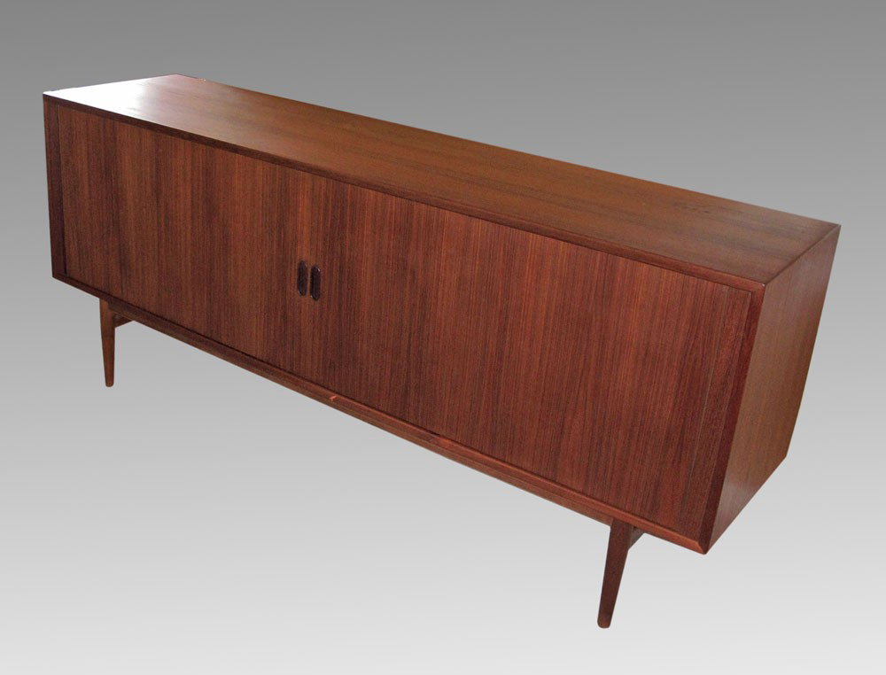 DANISH MODERN TAMBOUR TEAK CREDENZA: DANISH MODERN TAMBOUR TEAK CREDENZA attrib. ARNIE VODDER: Interior with pull out treys and shelves. Approx. 31" tall x 74 1/2"l. x 18 1/2".