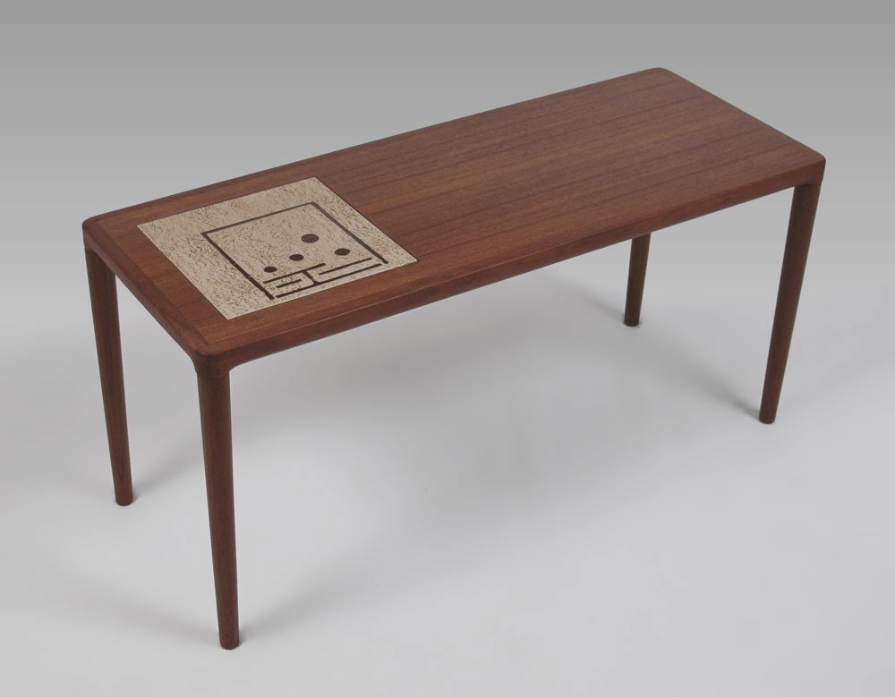 DANISH MODERN TEAK COFFEE TABLE:: DANISH MODERN TEAK COFFEE TABLE: With off center inlay tile. Stamped underneath K. T. N. 174, 17" h. x 36 1/4" x 14".