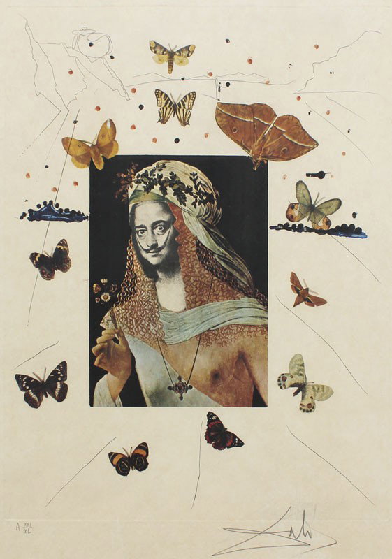 SALVADOR DALI SURREALIST PORTRAIT ETCHING: DALI, Salvador, (Spanish, 1904-1989): Surrealist Portrait Of Dali Surrounded By Butterflies From Memories Of Surrealism, Photolith And Etching, sight size 23 1/4" x 17 3/4", on Japon,, pencil signed l