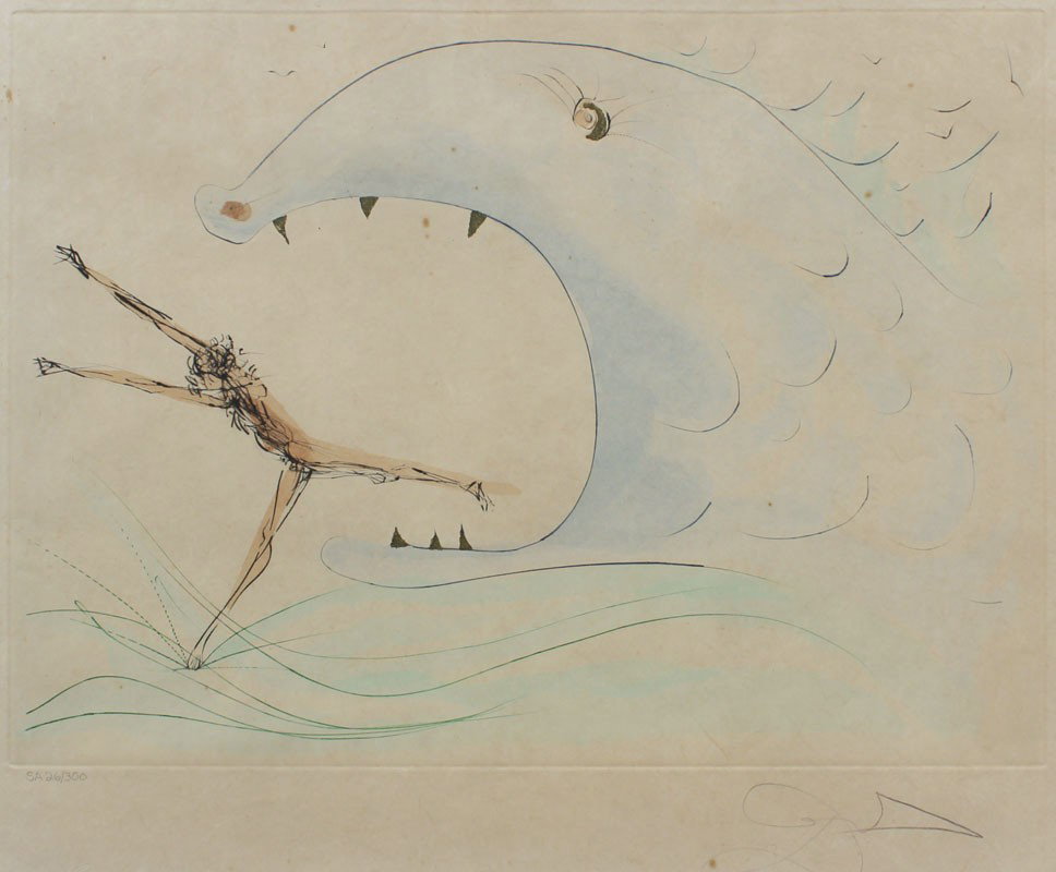 SALVADOR DALI JONAH AND THE WHALE ENGRAVING: DALI, Salvador, (Spanish, 1904-1989): "Jonah And The Whale", Engraving And Color Pochoir, Colored Etching With Gold Leaf, sight size 18 1/2" x 23 1/2", pencil signed lower right, numbered SA 26/300, m