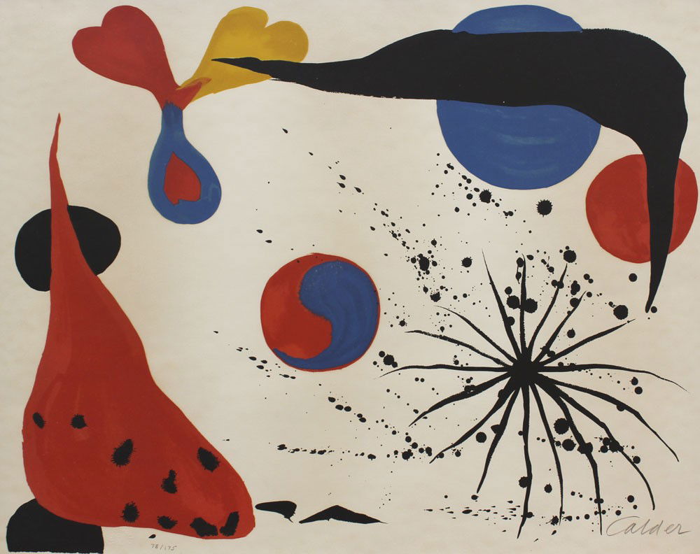ALEXANDER CALDER FLIES IN SPIDER WEB LITHOGRAPH: CALDER, Alexander, (American, ): ''Flies in the Spider Web, Lithograph, 19 1/2'' x 25 1/2'', pencil signed lower right, numbered 78/175 lower left, metal frame, 21'' x 27 1/2''.