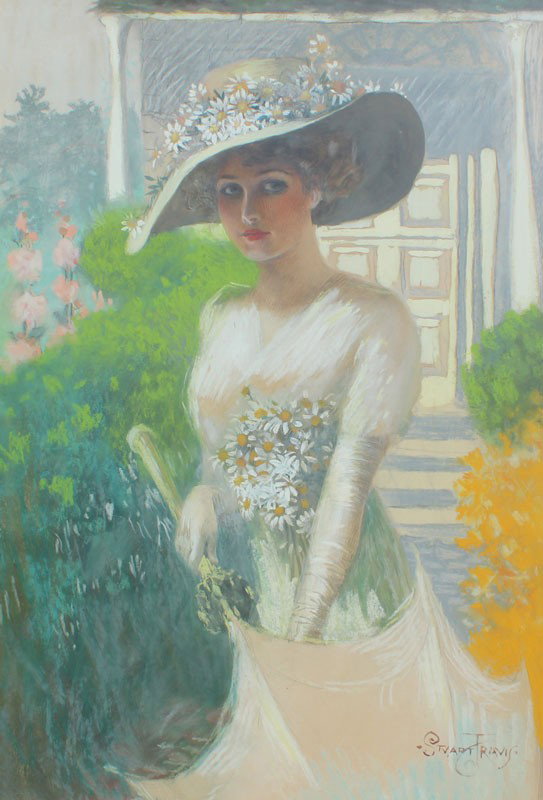 STUART TRAVIS VICTORIAN ILLUSTRATION: TRAVIS, Stuart, (American, 1868-1942): Young Victorian Woman Holding Umbrella Wearing Daisy Hat Standing in Front of a House, Mixed Media Gouache and Pastel, reportedly a cover for Forbes, sight size 