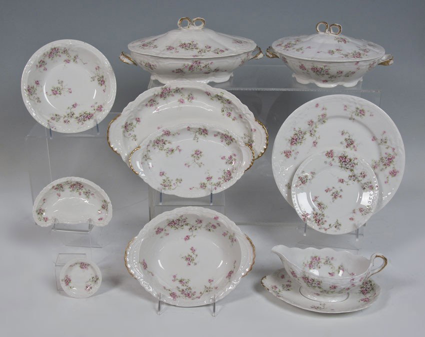 THEO HAVILAND LIMOGES FINE CHINA 78 PIECES: FRENCH LIMOGES FINE CHINA: Theodore Haviland. Approx. 78 pieces to include 2 covered vegetable, a 12" platter, gravy (chip) with underplate, open vegetable bowl, 11 butter pats, 11 dinner plates (1 ch